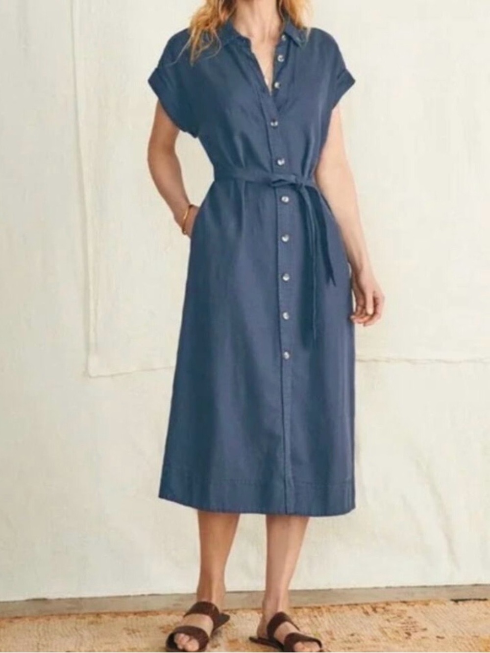 Faherty Navy Button-Front Midi Shirt Dress